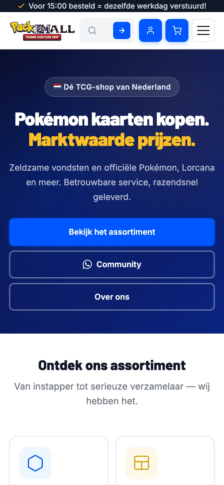 Mobiele weergave van de PackEmAll-homepage